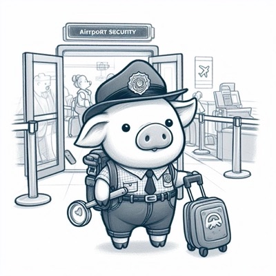 a cartoon-style piggy dressed as a traveler going through airport security